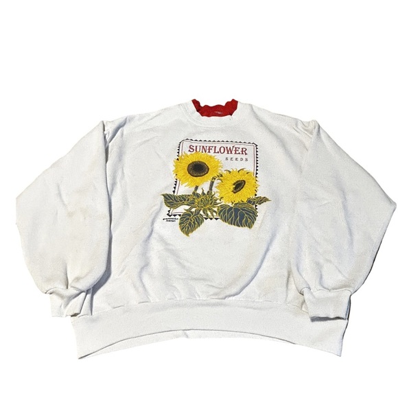 morning sun Sweaters - Vintage Morning Sun Sunflower Seeds Sweatshirt USA Large Floral 90s Cottagecore